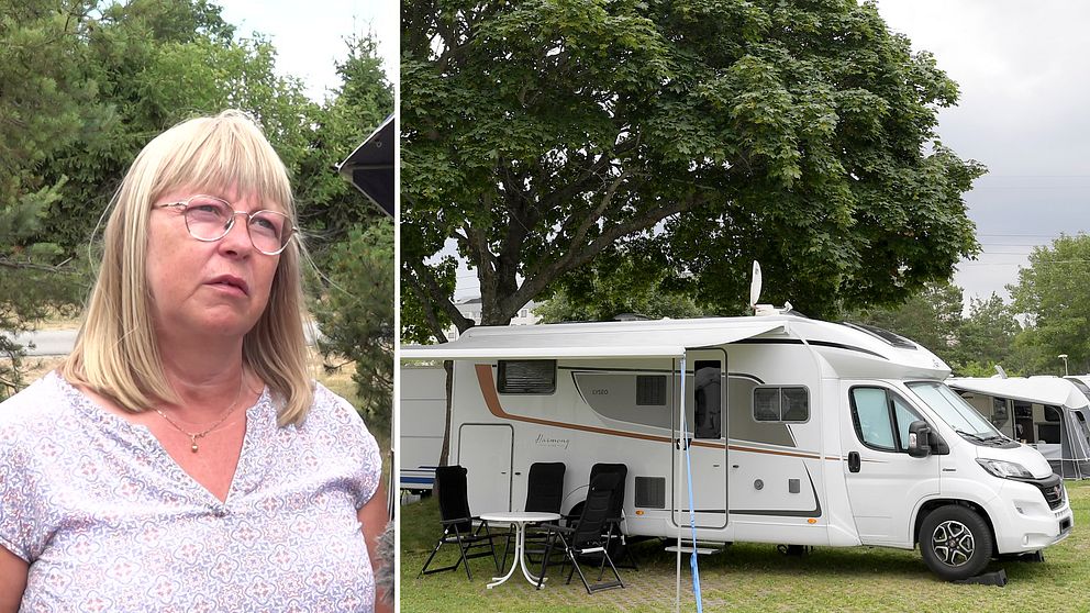 Kollage. Karin Sarfe står på en camping på Öland. Hon har ljust hår och lilamönstrad t-shirt. Till höger en bild på husvagnar på en campingplats.