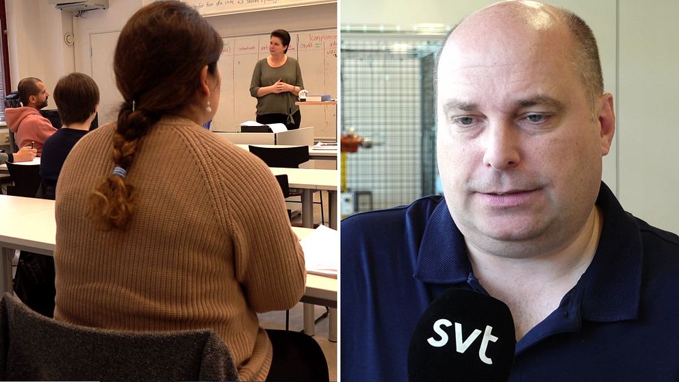 Tvådelad bild: Ett klassrum för vuxenutbildning med studenter och en lärare längst fram samt Mattias Simonsson, administrativ chef för vuxnas lärande på Karlskoga kommun, som blir intervjuad av SVT.