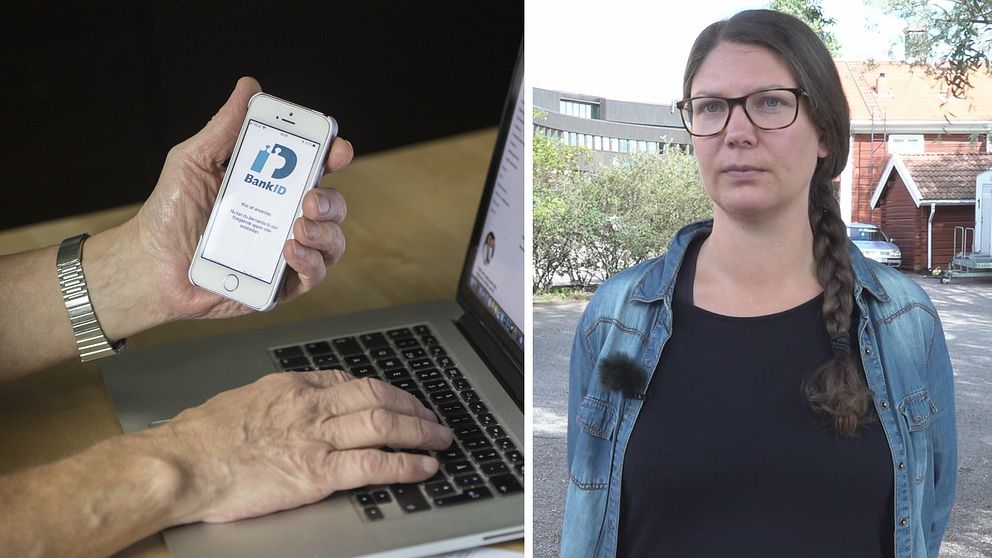 Delad bild. Till vänster: En genrebild på två händer framför en dator. I ena handen håller personen en telefon med bank-id-appen uppe. Till höger: En kvinna med jeansskjorta och glasögon.