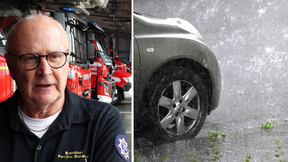 Dubbelbild: Tunnhårig brandchef med glasögon framför brandbilar / kraftigt regn på gata med framdelen av en bil intill trottoarkanten