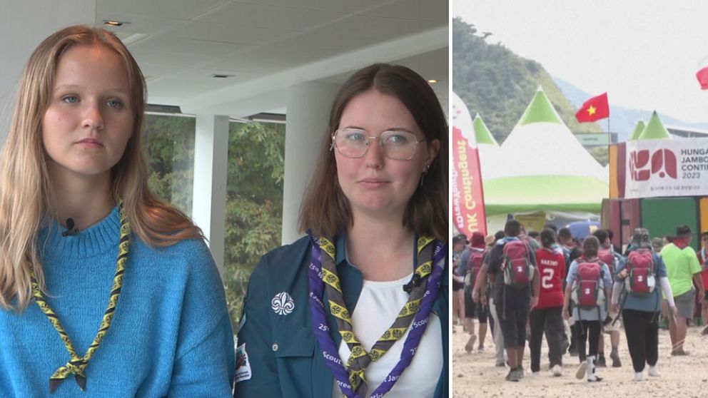 I bilden syns Ida till vänster i en blå tjocktröja och Nina till höger med en scoutskjorta och vit t-shirt. Längst till höger syns en bild från lägret där scouter i ryggsäck promenerar bland tälten på lägret.