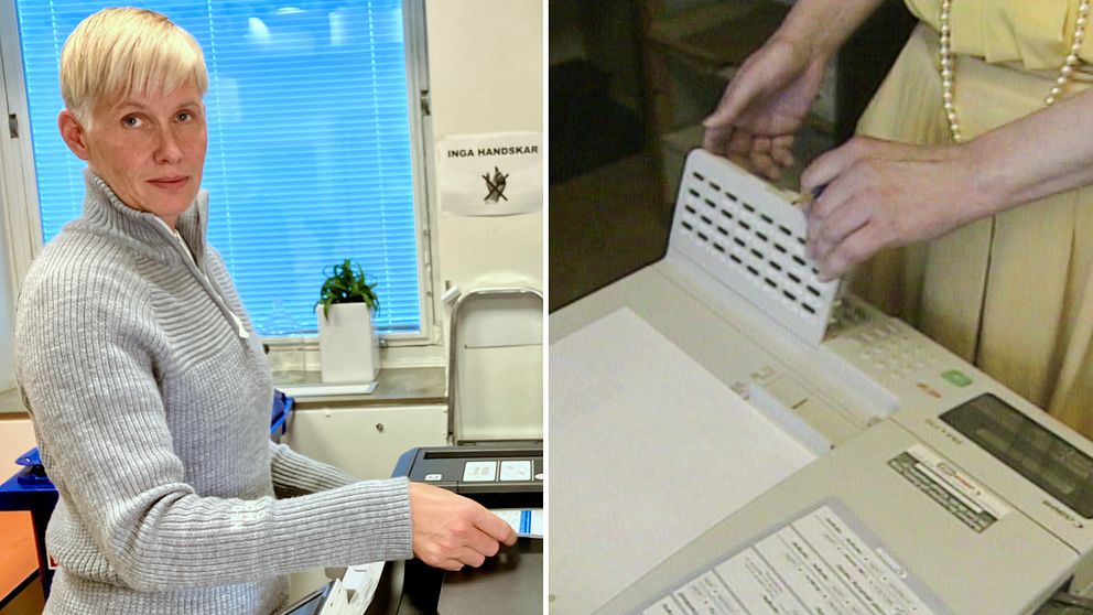 Till vänster Sara Gianello, till höger en äldre faxmaskin.