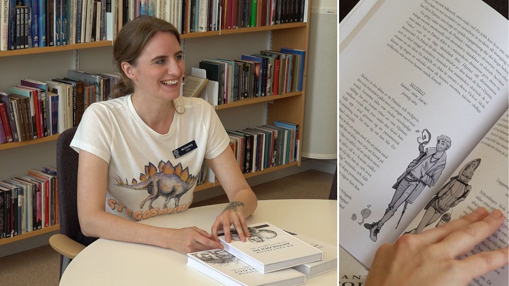 Läraren Moa Rosenberg sitter i ett bibliotek