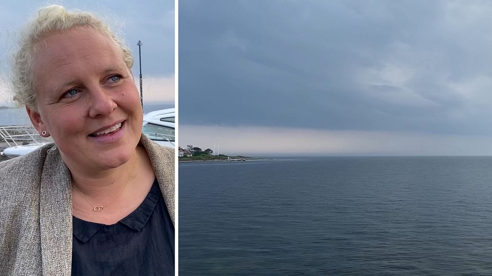 Till vänster syns Anna Lundsgård, driftchef på Eolus. Till höger syns horisonten mot Öresundsbron från Barsebäckshamn, där den eventuella vindkraftsparken planeras att positioneras.
