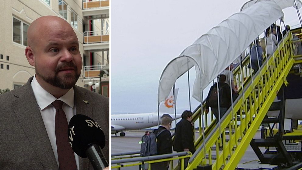 Landsbygdsminister Peter Kullgren (KD)  och en flygplanstrappa