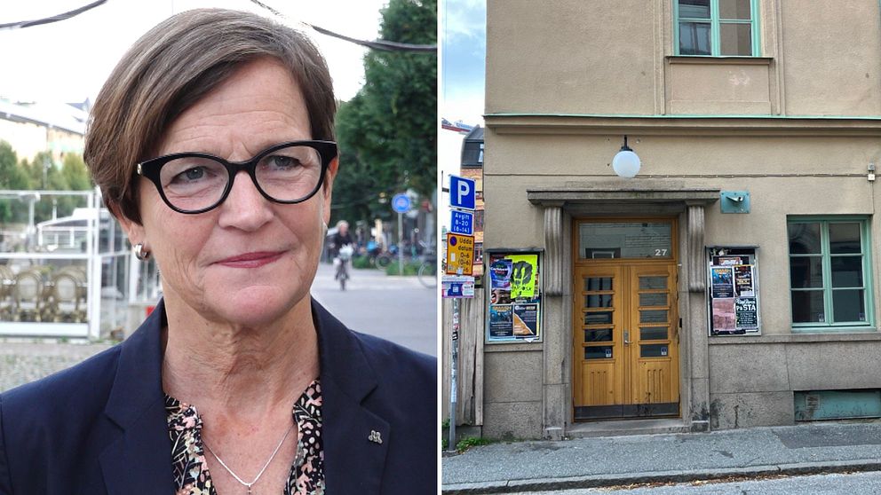 Tvådelad bild: Maria Haglund (M), kommunalråd i Örebro och fritidsgården Fritte sedd utifrån gatan med en trädörr som leder in.