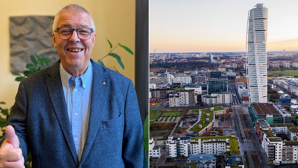 Till vänster: Regionordförande i Hyresgästföreningen är glad och håller upp  tummen för att visa lyckan. Till höger: Bild på byggnader.