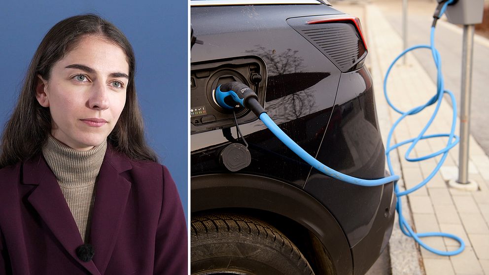 Miljöminister Romina Pourmokhtari (L) och en elbil som laddas.