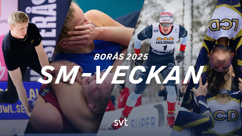 Delad bild för att marknadsföra SM-veckan i Borås 2025, med olika sporter representerade: gymnast utför en övning, två brottare i en match, en längdskidåkare i tävlingsdräkt, och en cheerleading-grupp i en formation.