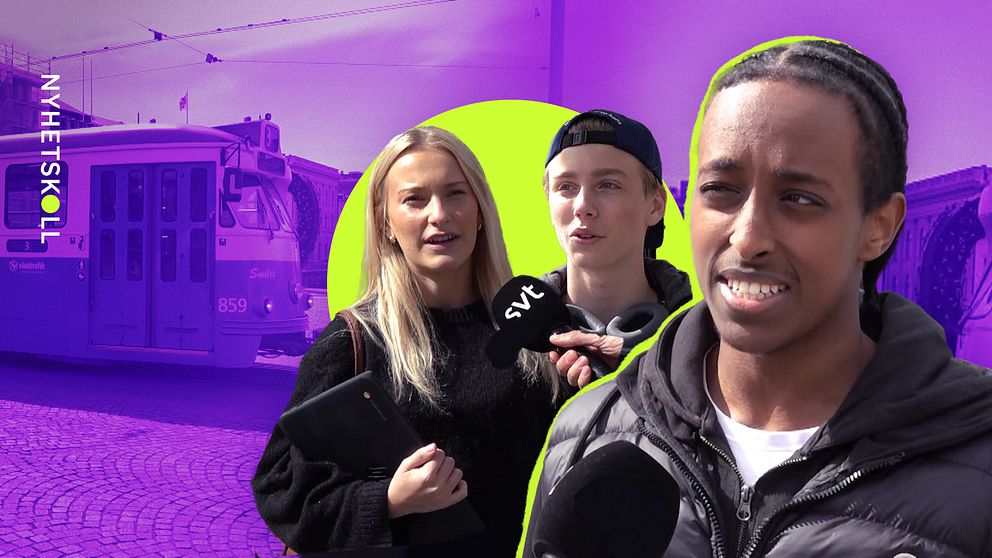 Tre personer intervjuas på gatan med en mikrofon, bakgrund med spårvagn och stadsbild.