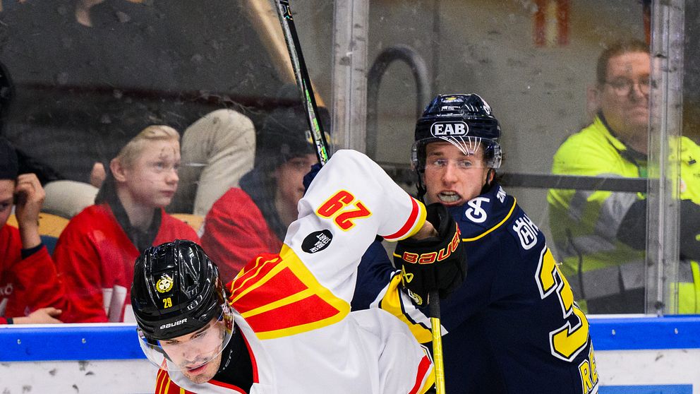 Två ishockeyspelare i intensiv närkamp på isen; den ene spelaren klädd i röd och gul dräkt (nummer 29) kämpar om pucken med den andra spelaren i blå dräkt (nummer 36), som ligger nära sargen. Pucken syns framför dem på isen.