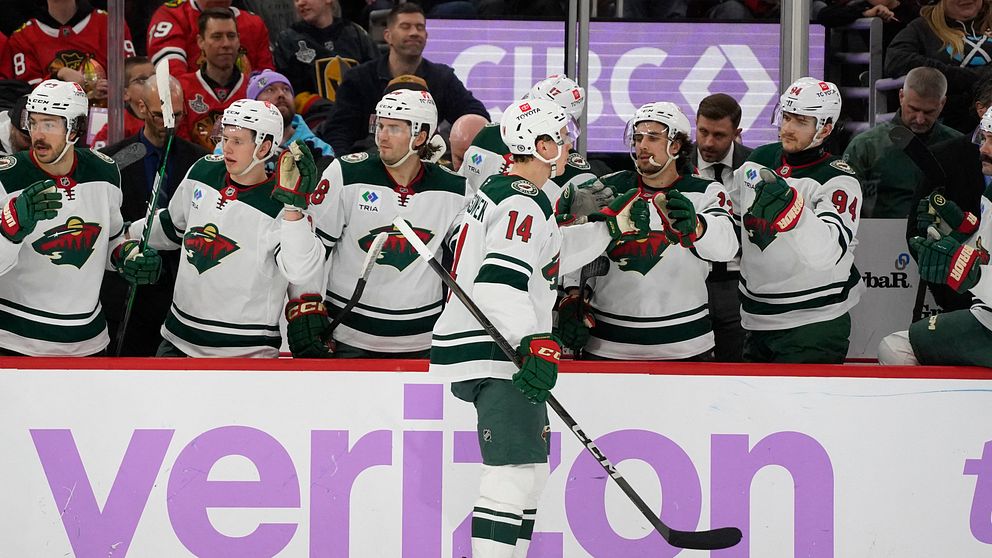 En ishockeyspelare i fullt matchställ står vid sargen framför sitt lag, som sitter på bänken under en match. Lagkamraterna verkar heja på spelaren, och i bakgrunden syns en stor reklamskylt med texten ”verizon”. Spelarna bär uniformer med gröna och vita färger och ett logotypemblem.
