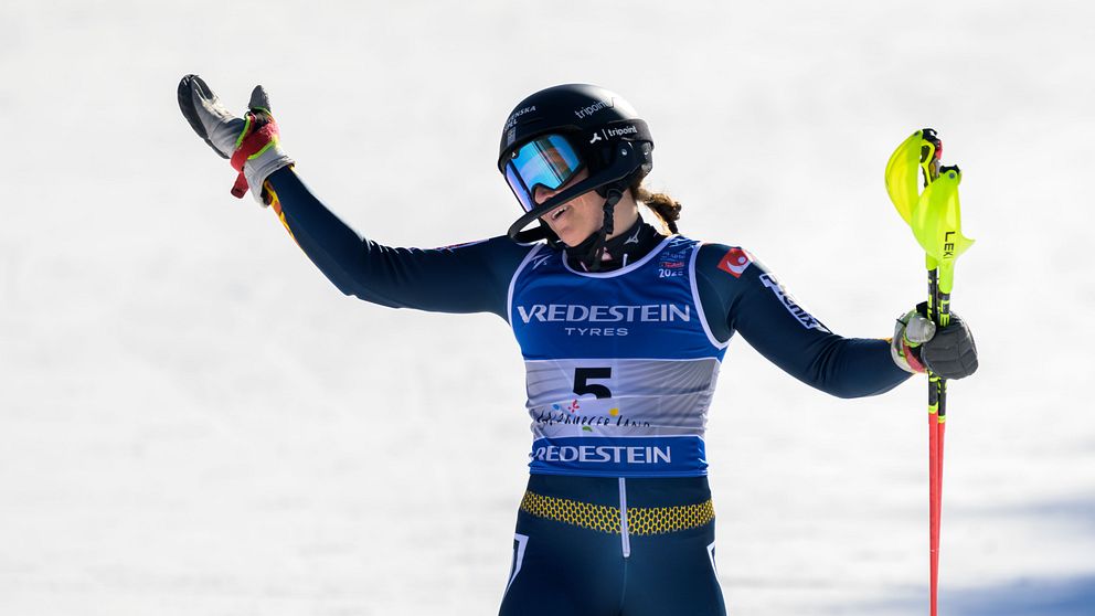 Alpinskidåkare i tävlingsdräkt står på backen med uppgivna armar och en skidstav i ena handen, iklädd hjälm och goggles, mot en snötäckt bakgrund.