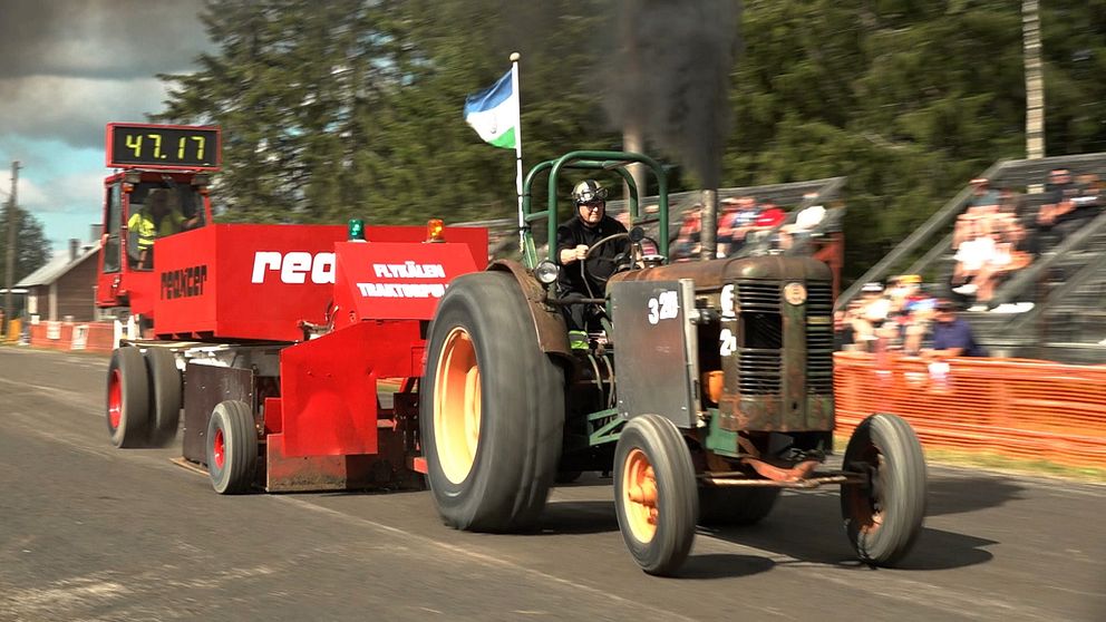 Gammal traktor med jämtlandsflagga drar en röd släde med vikter under traktorpullingen i Flykälen.