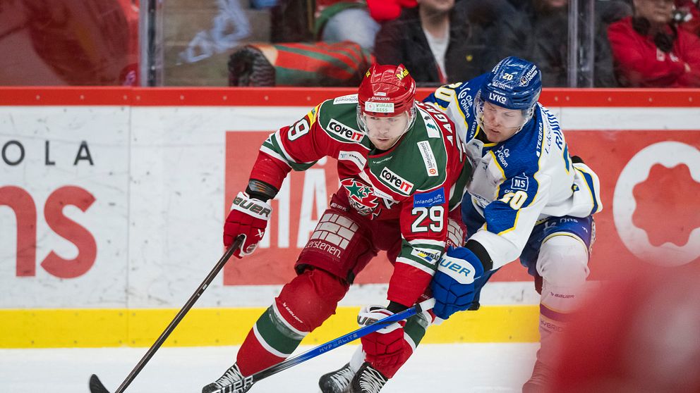 En hockeyspelare i röda kläder och nummer 29 på tröjan åker skridskor med pucken medan han tätt bevakas av en spelare i vit och blå utrustning. Spelet äger rum på en ishockeyrink.