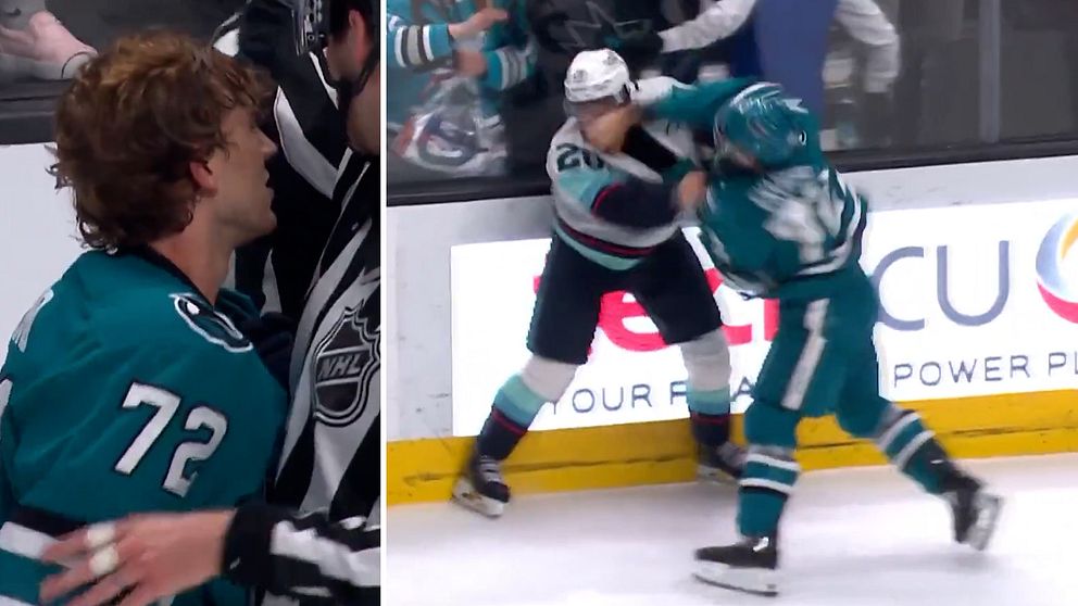 Tvådelad bild. Till vänster: spelare i diskussion med domare. Till höger: två hockeyspelare slåss.