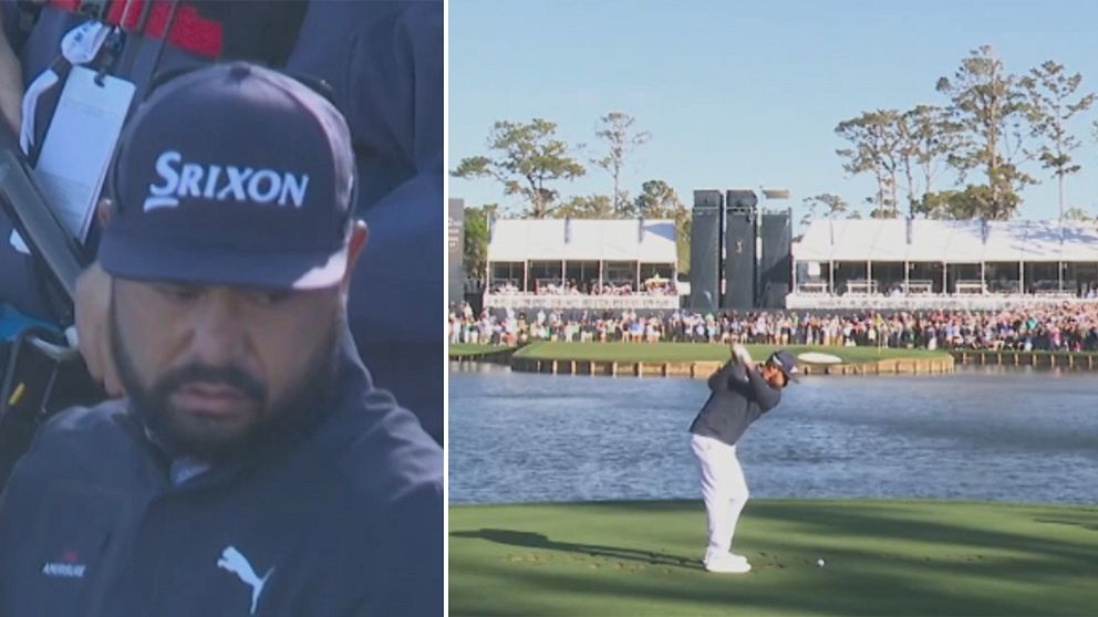 Tvådelad bild. Till vänster: Srixon-keps. Till höger: Golfsving vid sjö med klubbhus i bakgrunden.