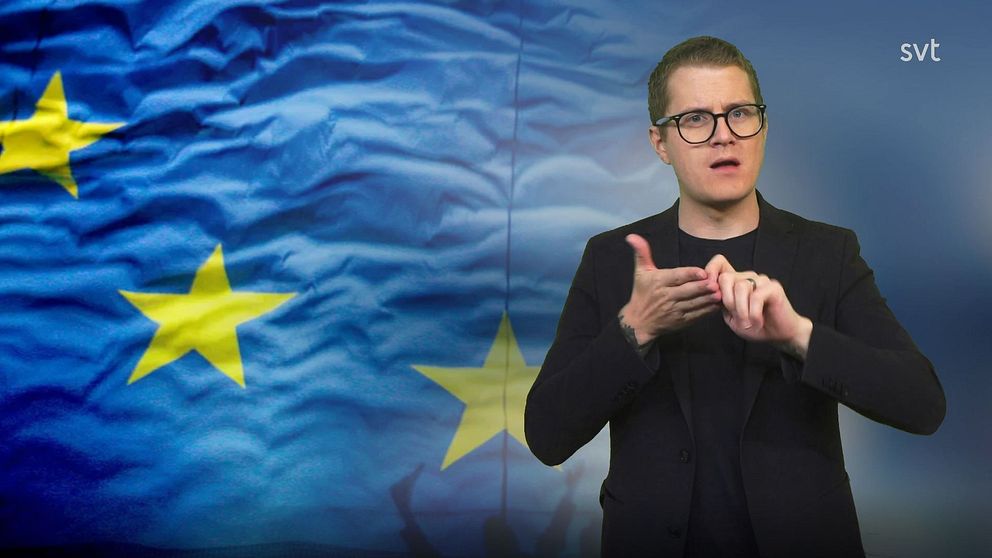 Programledaren Magnus Bergevin tecknar ”journalist” framför en EU-flagga