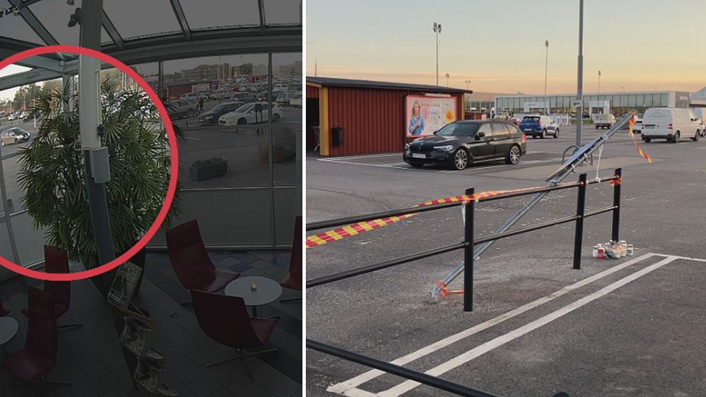 En delad bild som visar två olika scener. Till vänster syns en grön växt placerad nära en glasvägg i en byggnad, med röd cirkel som markerar ett objekt på väggen. Till höger visas en parkeringsplats med avspärrningar, där en trafikskylt på stolpe är omkullkörd och markerad med varningsband. I bakgrunden syns flera fordon och en byggnad.