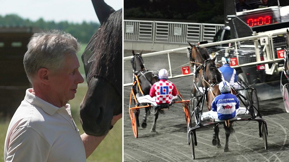 Jarmo Kontio står bredvid hans häst. Till höger rider han en häst på travbanan.