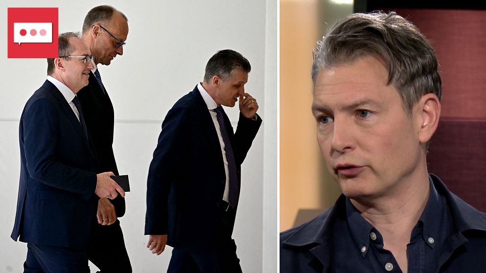 Delad bild. Till vänster: tre personer i kostym går i korridor. Till höger: person i mörk jacka.