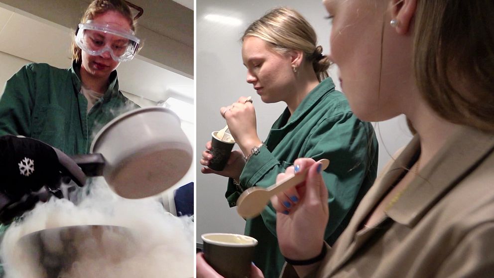 LTU-studenter experimenterar fram en dessert och det ryker från en kastrull med kolsyre-is.