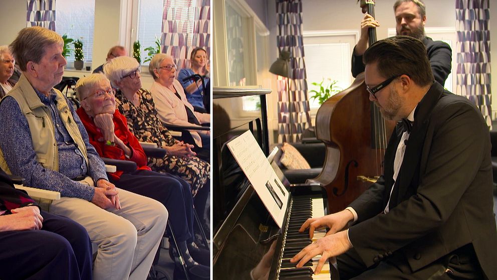 Vänstra sektionen visar en grupp äldre personer som sitter i en publik. Högra sektionen visar två musiker, en pianist och en kontrabasist, som framträder tillsammans i samma rum.