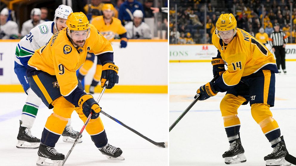 Tvådelad bild som visar hockeyspelare från Nashville Predators i gula matchtröjor. I vänstra delen av bilden dribblar en spelare pucken med en motståndare i närheten. I den högra delen av bilden är en annan spelare koncentrerad på att manövrera pucken under pågående spel.
