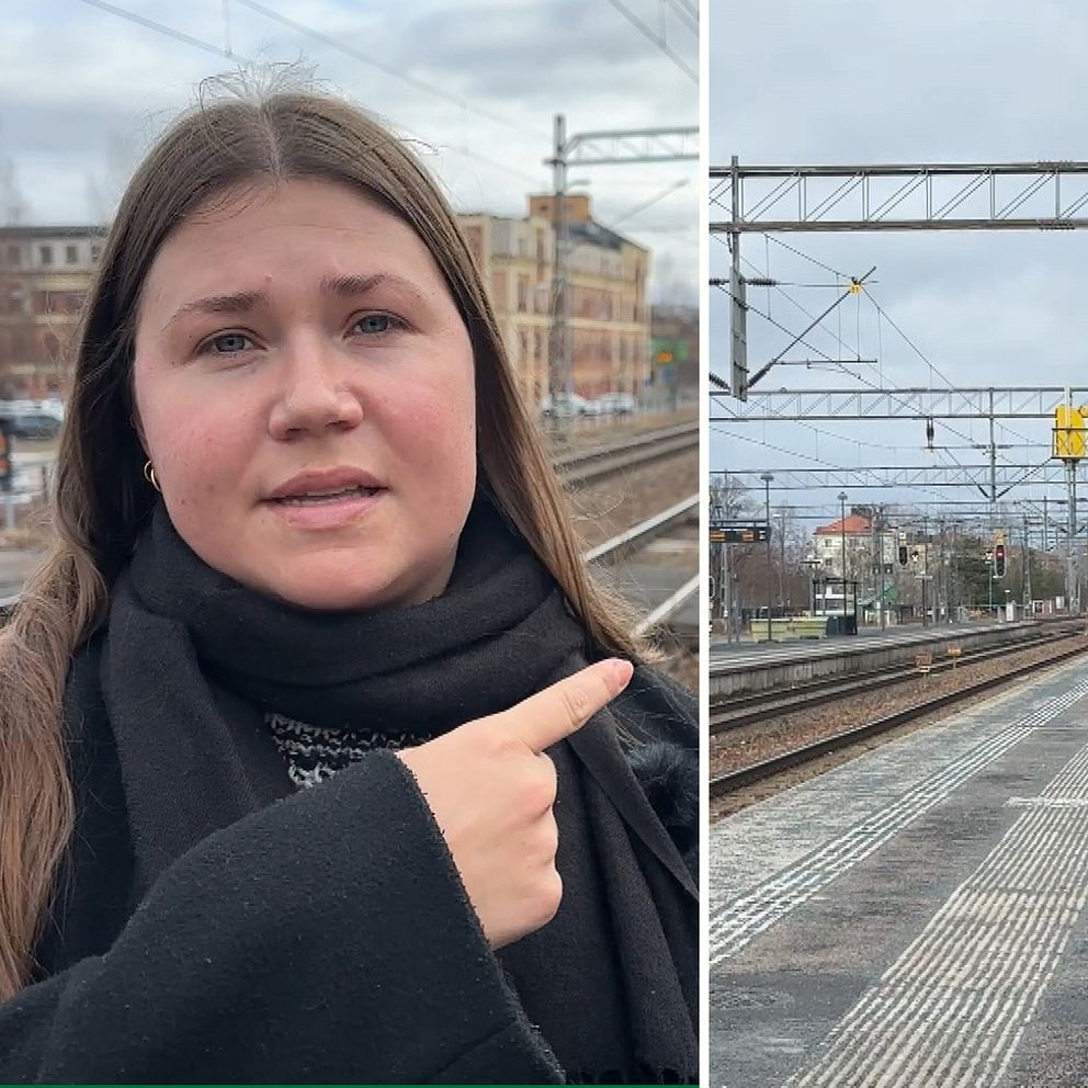 Tvådelad bild. Vänster: Person pekar. Höger: Tom perrong vid tågstation.
