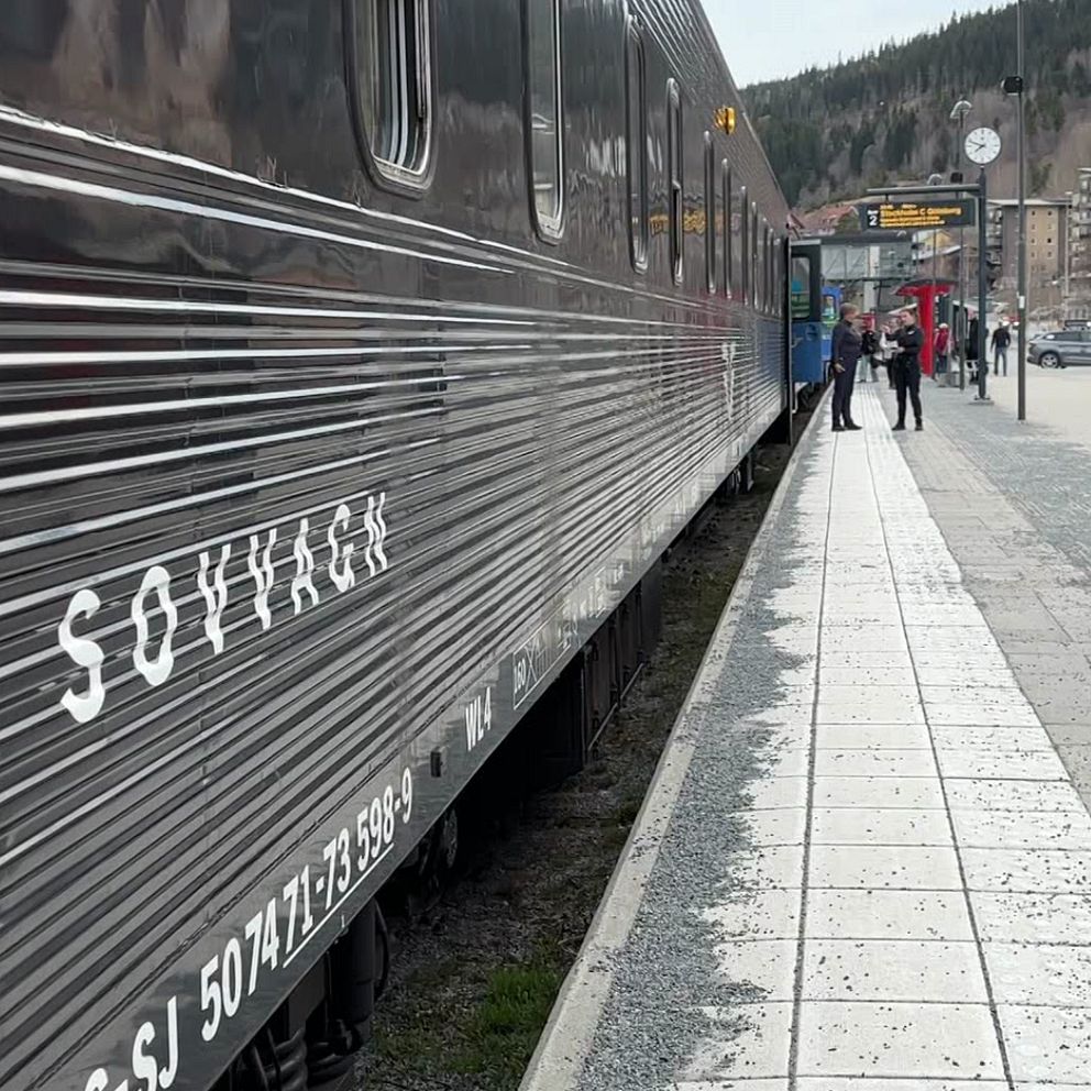 Delad bild. Till vänster: tåg vid perrong med passagerare. Till höger: kvinna med mörkt hår tittar in i kameran.