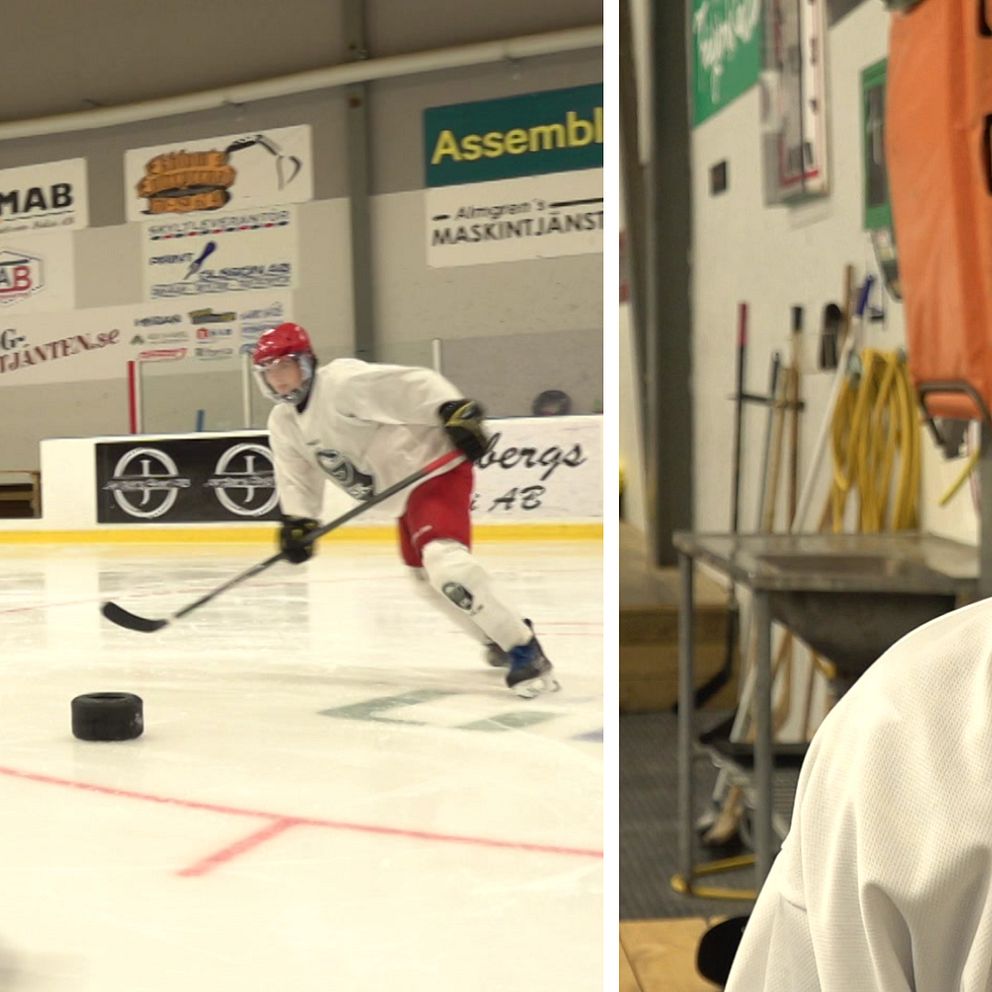 splitbild på en tjej som pratar och en tjej i hockeykläder på isen