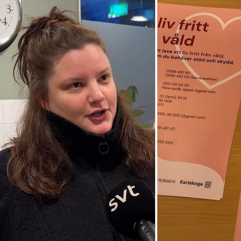 Kvinna i intervjusituation och pamfletter för kampanj mot kvinnovåld.