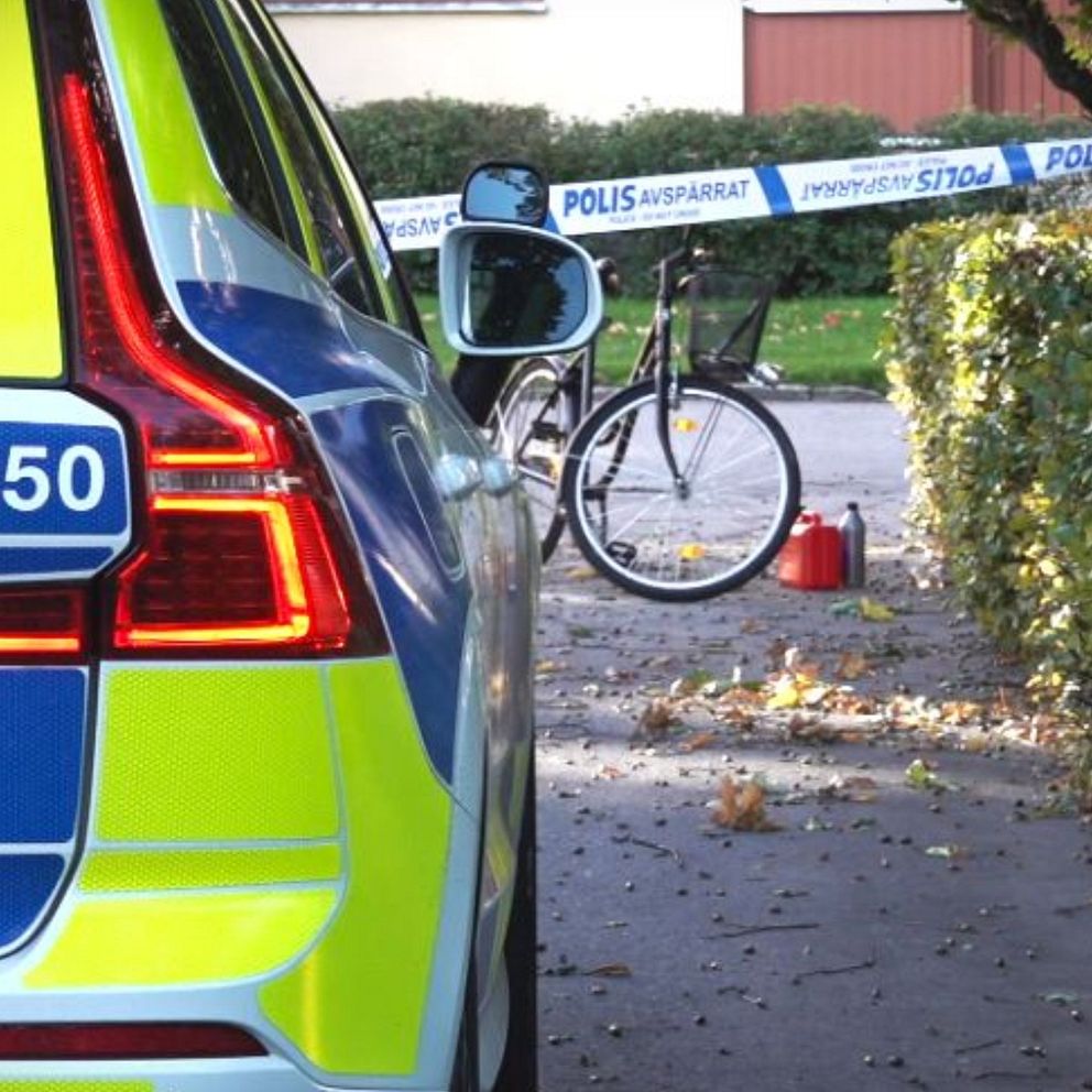 Polisbilar i Tybble och ett paket med jordgubbar.