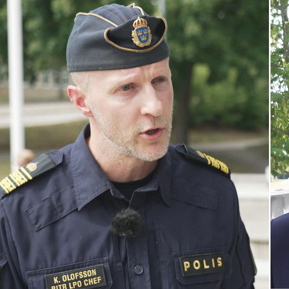 En polis och en politiker blir intervjuade utomhus.