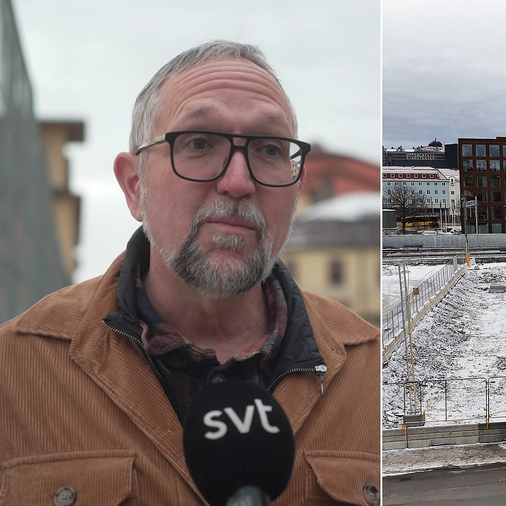 Delad bild: På vänster sida ses en person med en brun jacka och en mikrofon med SVT-logotypen. På höger sida syns en snötäckt öppen yta framför en rad byggnader med gotiska kyrktorn i bakgrunden, i en stadsmiljö.