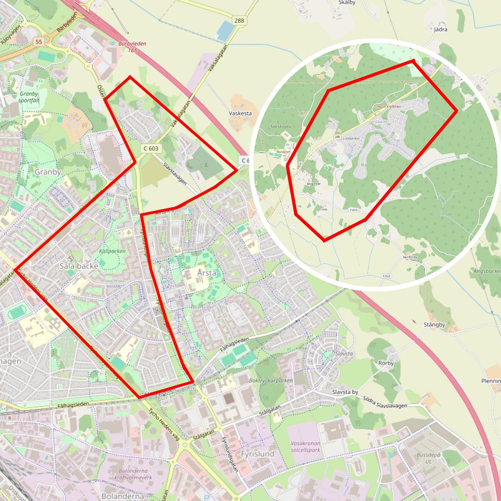 Delad bild. Vänster del visar en karta över ett område med två röda konturer som markerar specifika sektioner. Höger del visar en närbild av en polisdrönare i flygning.