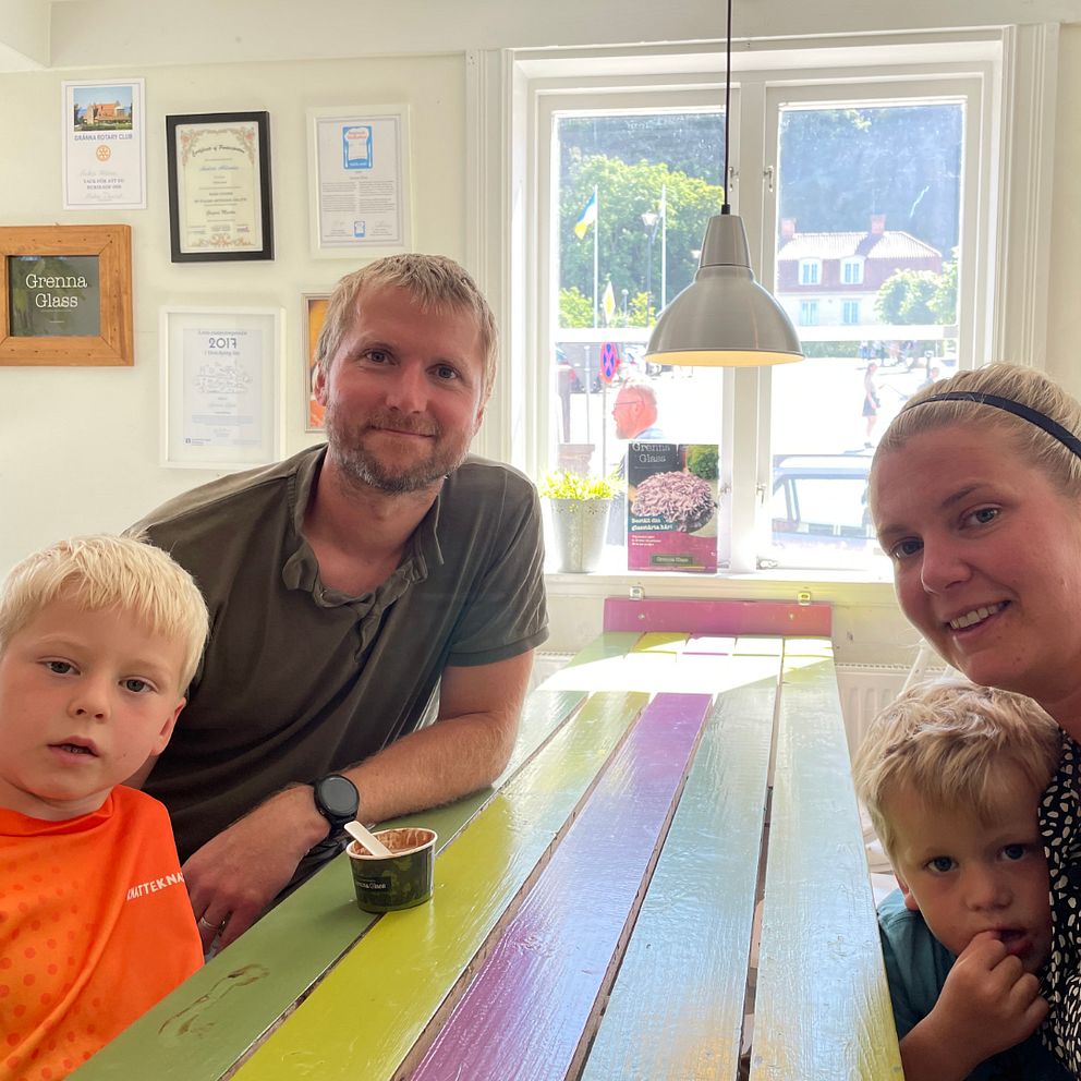 En barnfamilj till vänster och en glasstrut till höger