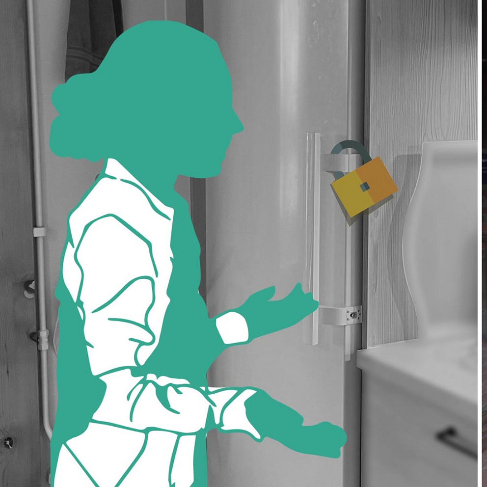 Delad bild: Till vänster en illustration av en person i ett kök vid ett hänglås på ett kylskåp. Till höger en reporter som håller i en mikrofon märkt ”SVT”, står utomhus.