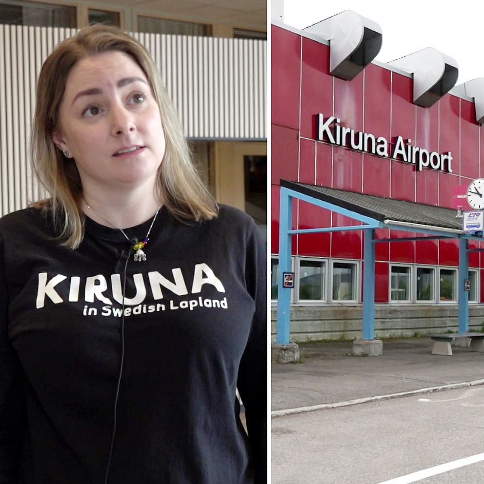 Charlotte Olsson, turistinformatör på Kiruna-Laplands turistcentrum och en bild på Kiruna flygplats som är helt öde.