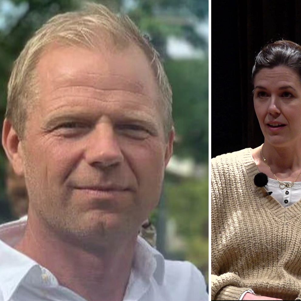 Delad bild med två sektioner. Till vänster syns en person klädd i vit skjorta utomhus, framför ett grönskande bakgrund. Till höger syns två personer inomhus, båda iförda stickade tröjor och utrustade med mikrofoner, sittande bredvid varandra mot en mörk bakgrund.