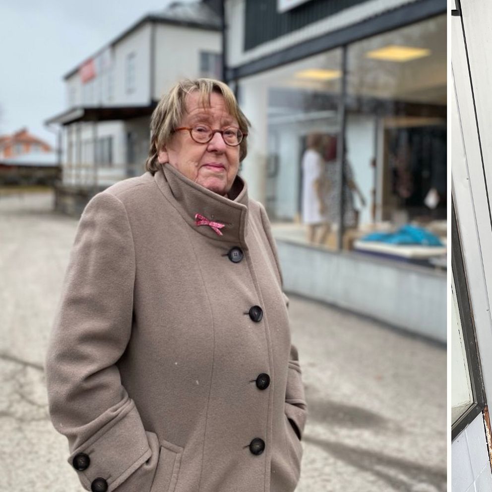 Tvådelad bild. Vänster: Person står framför butik. Höger: Krossad glasdörr.