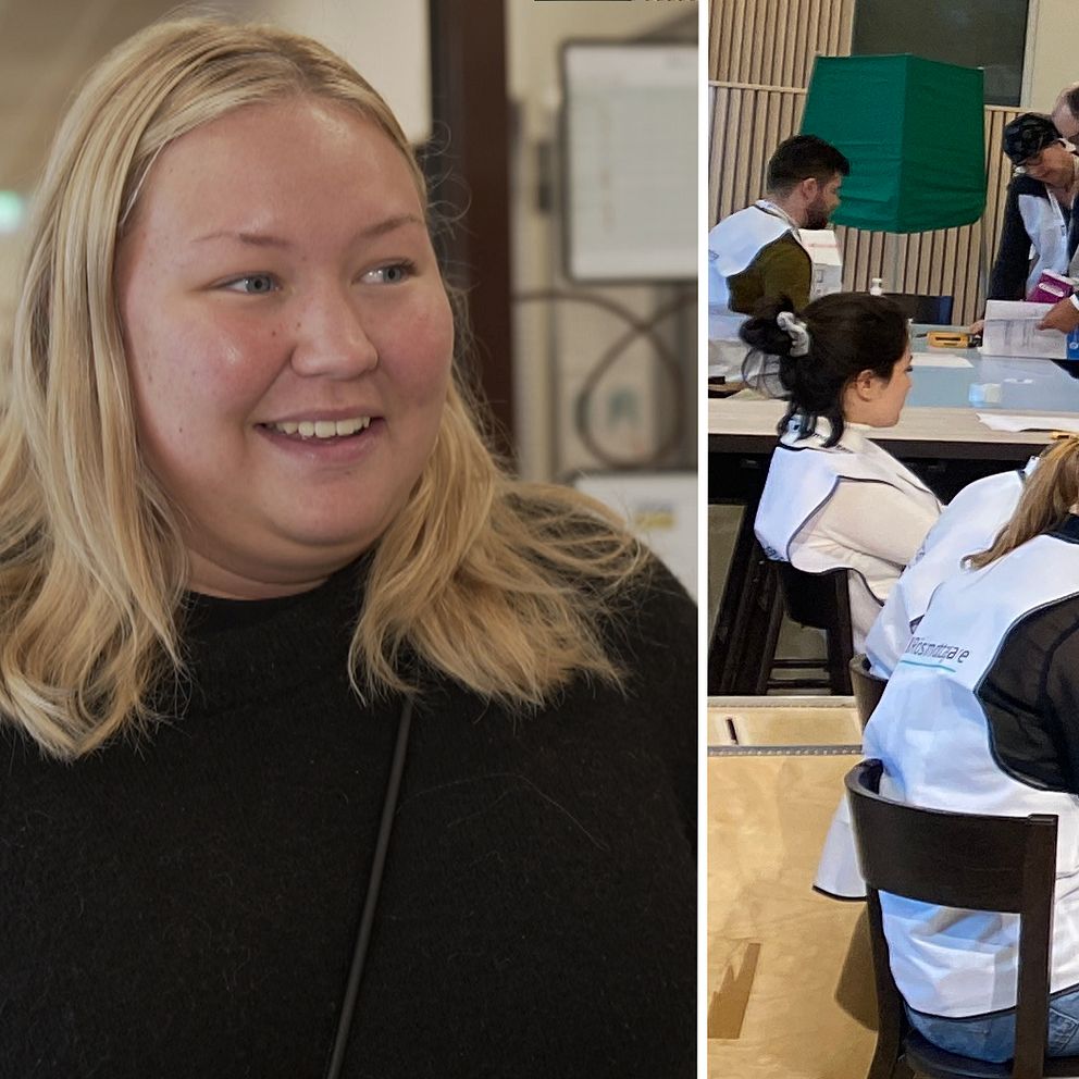Till vänster: Indra Segerfelt intervjuas i vallokalen. Till höger: Vallokal på Bräckeskolan i Göteborg.