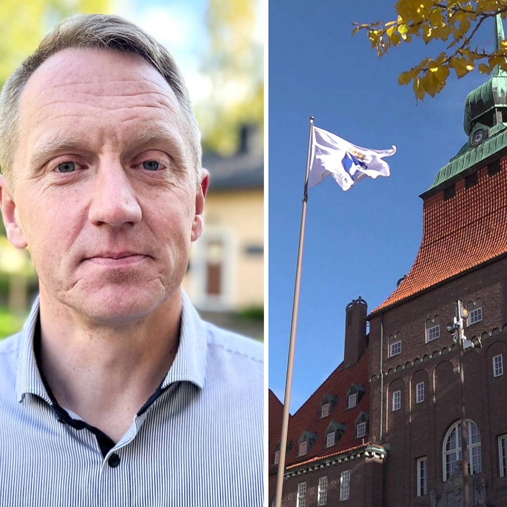 Delad bild. Till vänster blond man med ljusblå skjorta. Till höger Rådhuset i Östersund