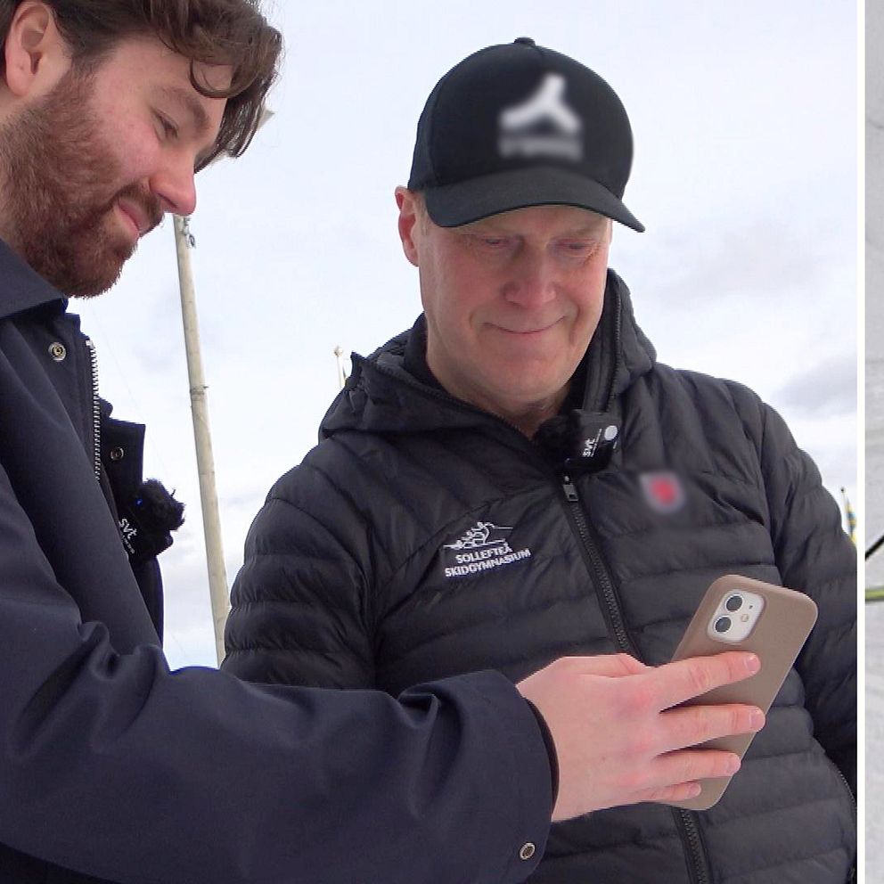 Tvådelad bild. Vänster: två personer ser på en mobil. Höger: skidåkare i röda kläder på snö.
