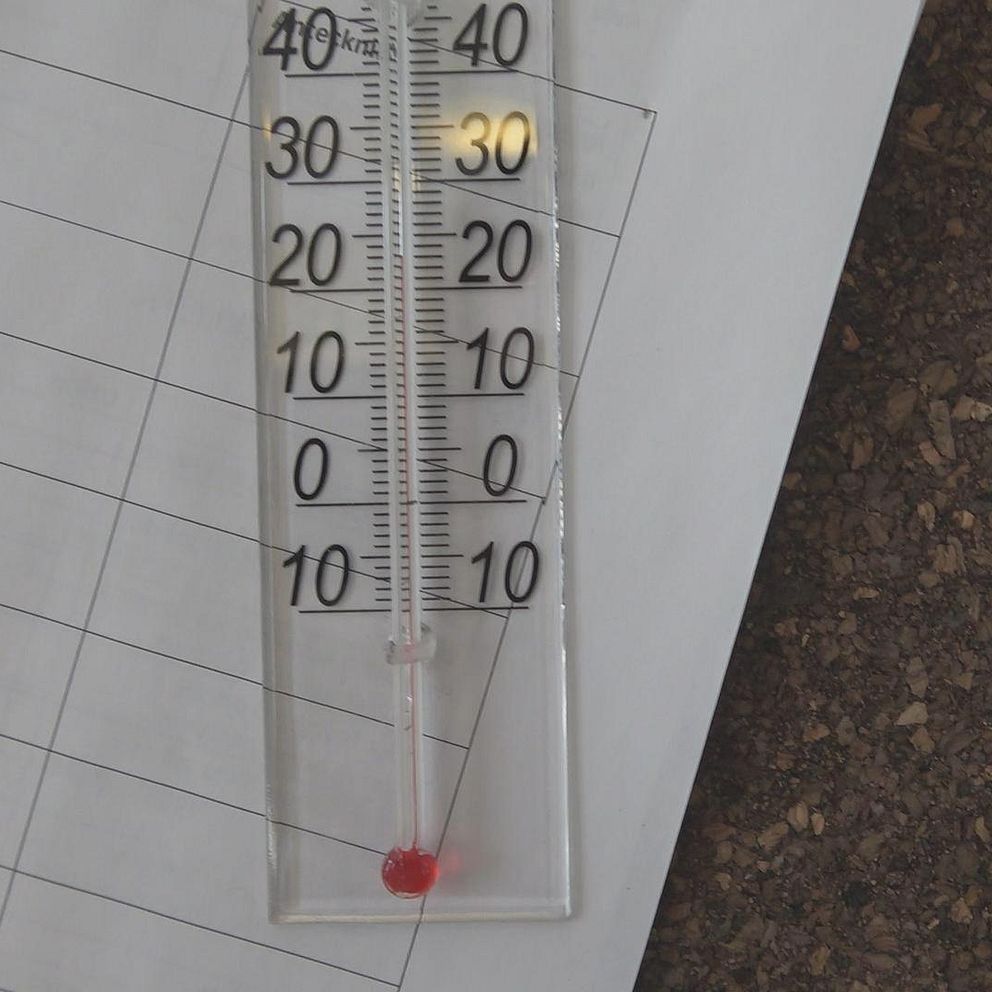 En termometer som visar en temperatur på 20 grader Celsius ligger på ett papper med flera rader och kolumner, delvis synligt. Under papperet finns en mörk yta av okänt material.