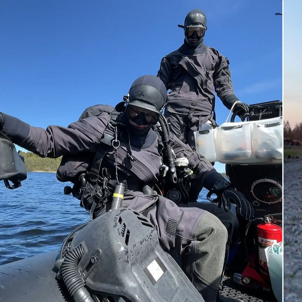Delad bild. Till vänster: dykare stiger upp ur vattnet. Till höger: explosion på avstånd.