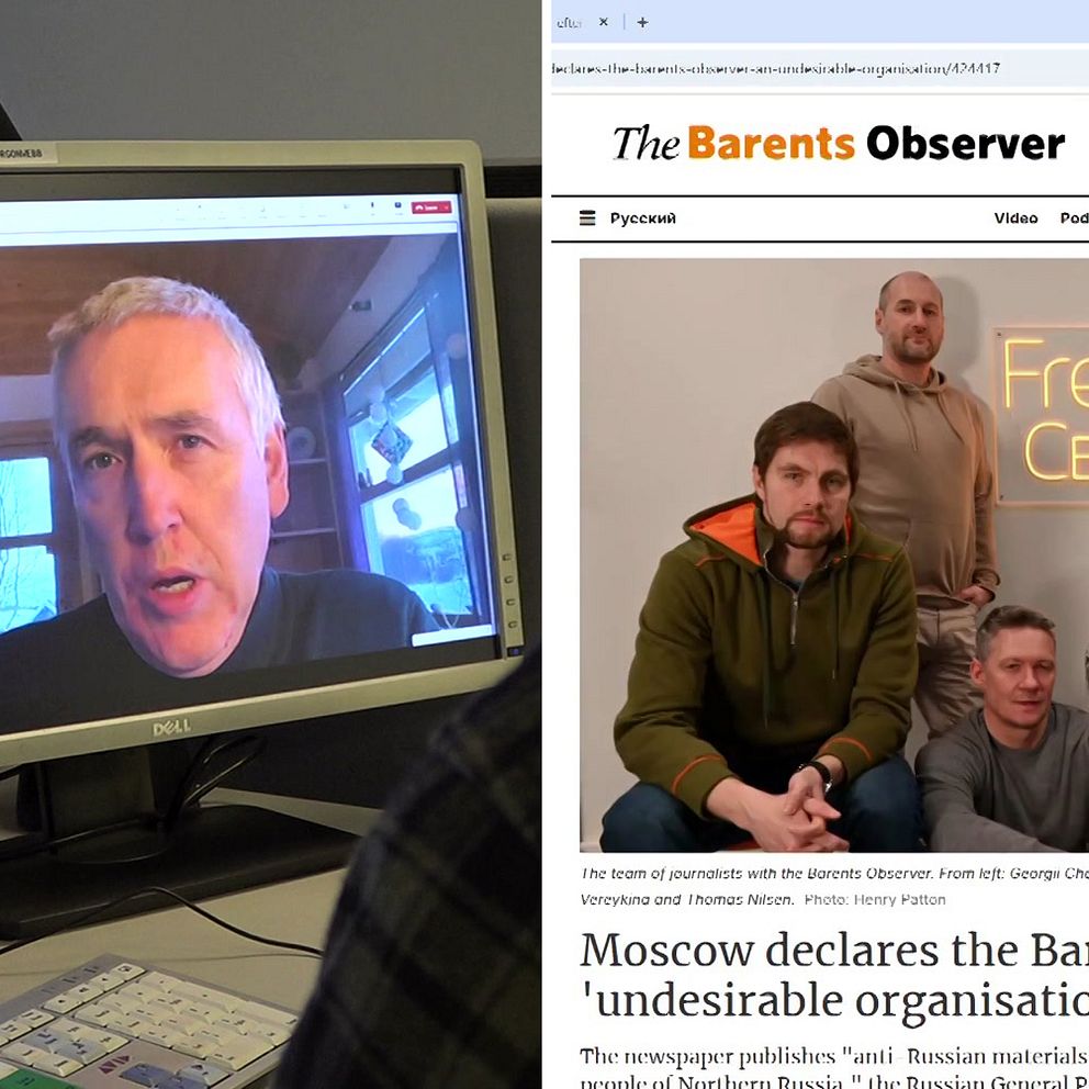 Medelålders man syns i videosamtal på skärm, samt en skärmdump från sajten The Barents Observer