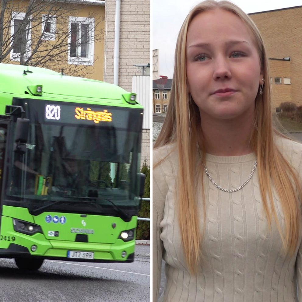 En delad bild som visar en grön stadsbuss med skylt som visar linje 820 mot Strängnäs. I den andra sektionen står två kvinnor med långt hår, iförda ljusa tröjor, framför en byggnad.