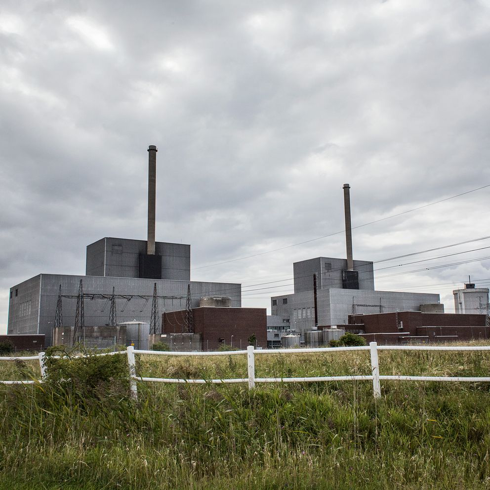 Barsebäck. En industriell anläggning med två högre skorstenar och flera byggnader omgiven av grön vegetation och ett vitt staket. Himlen är molnig, vilket ger en dämpad belysning över landskapet.