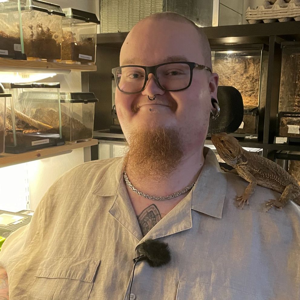 Rullstolsburken man med skägg och beige skjorta ler mot kameran med en ödla på axeln.